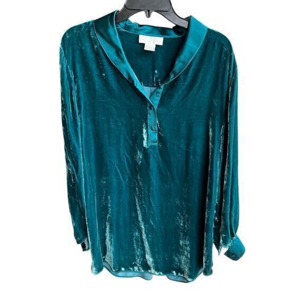 Soft Surroundings plush green velvet satin trim oversized blouse sz M fits 2X